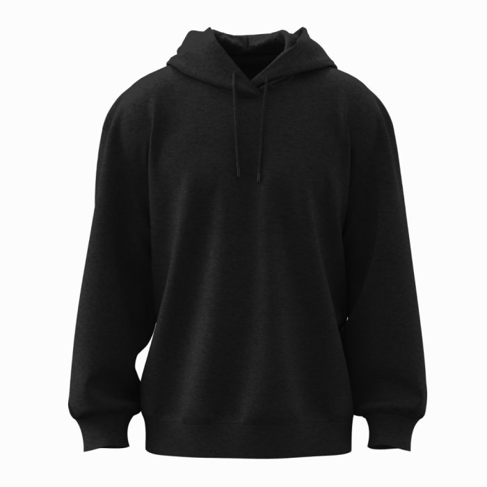 Sudadera con capucha negra de manga larga y bolsillo frontal.