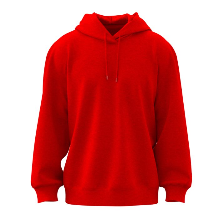 Sudadera con capucha roja, sin estampados ni logos visibles, fondo blanco.