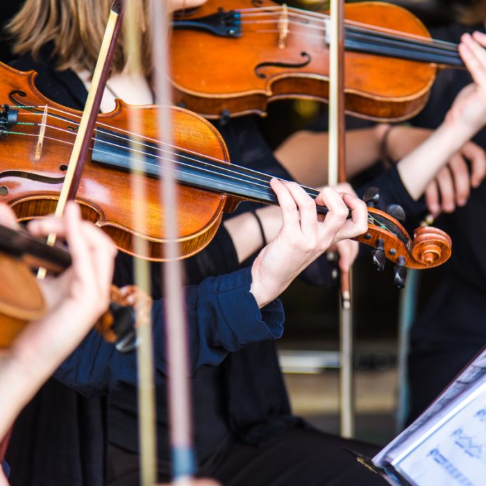 Violinistas en acción durante un concierto de Symphony Sounds.