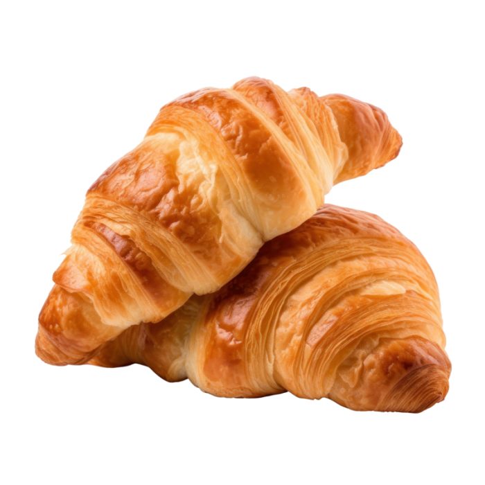 Dos croissants franceses mantecosos sobre fondo blanco, perfectos para desayunar.