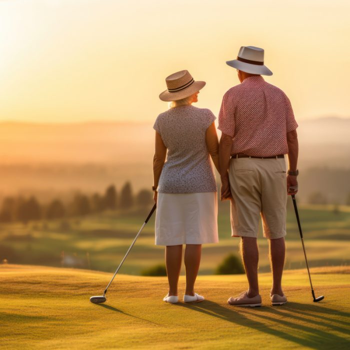 Pareja mayor disfrutando de un partido de golf al atardecer en un campo iluminado por el sol.