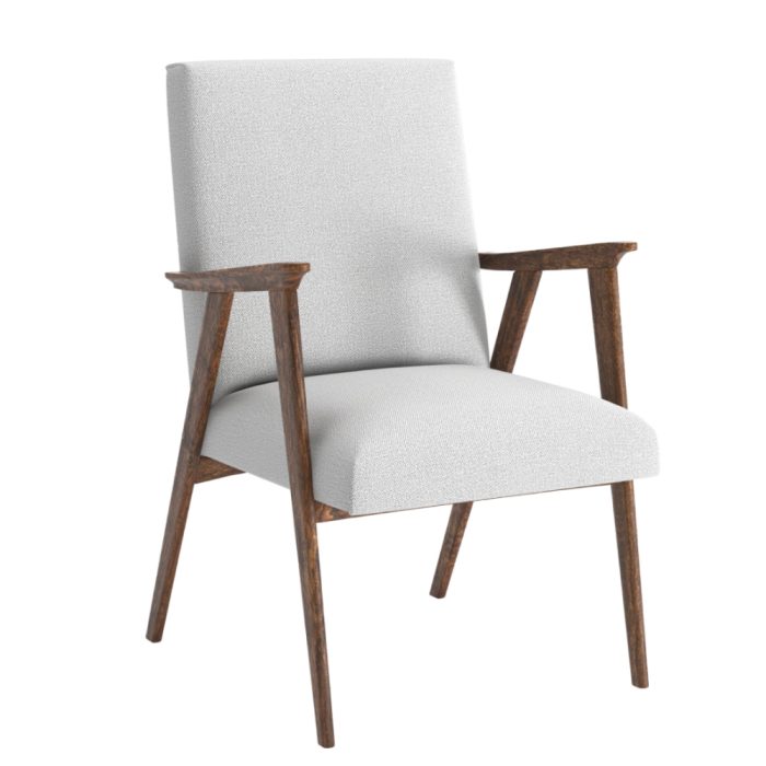 Silla moderna y elegante con tapizado blanco y patas de madera oscura.